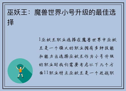 巫妖王：魔兽世界小号升级的最佳选择